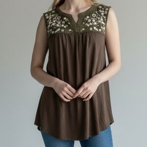 Dalia Olive Green Embroidered Sleeveless Shirt 4056